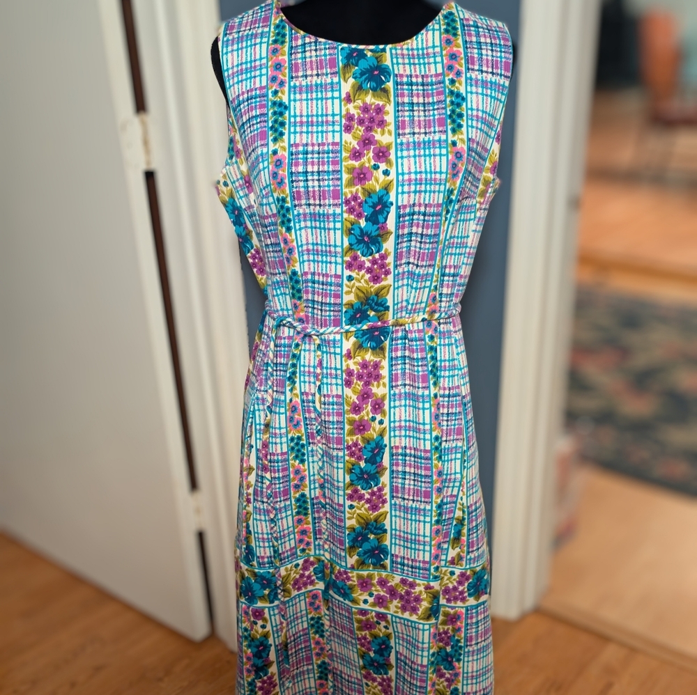 Vintage 60s 70s Dollie Serben Plaid Floral Mod Midi Dress Hippie Boho Sz S